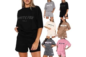 JSijepa White-Fox Letter Print Tshirt and Shorts Set Women Summer Tracksuit Set for Women Teen Girls Two Piece Graphic Tee Shirts Ladies Casual Outfit Loungewear Activewear Gym Wear Jogger Sets