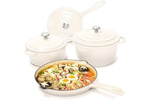 Denmay Batterie de cuisine en fonte émaillée – Set de 7 pièces avec four hollandais, poêle à frire, casserole à sauce avec 3 couvercles, kit de four hollandais pour tous les types de feux, blanc crème