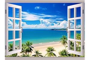Bimkole 5d Diamond Painting Kit Bricolaje Arte Playa, Ventana Mar árbol Cielo Azul Pintura Diamantes Kits Estampados De Punto De Cruz Diamantes de Imitación Decoración de Pared, (30x40 cm)