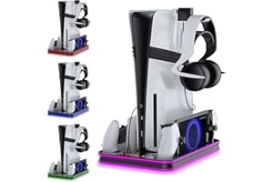 AriKroii Support PS5/Slim/PS5 Pro avec PS Portal et PS5 Controller Station de Charge, Station Ventilateur de Refroidissement à 3 Niveaux lumières RGB (Noir)