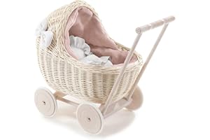 E-WICKER24 ALLES AUS WEIDE e-wicker24 DESAYER Carrello per bambole in vimini con biancheria da letto in lino, giocattolo in vimini in beige, giocattolo naturale per bambini, un regalo per un bambino (bianco)