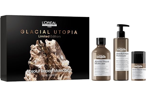 L'Oréal Professionnel, Coffret Cadeau Absolut Repair Molecular, Routine Réparatrice, Cheveux Abîmés, Trio Shampoing + Sérum à Rincer + Masque Sans Rinçage, Édition Limitée Serie Expert