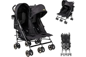 Jovikids Twin Lightweight Baby Stroller, Folding Double Pushichair with Large Sun Canopy, Rain Cover, Cup Holder, Capacity up to 30 kg, Adjustable Backrest, Lockable Wheels (Black, Twin)