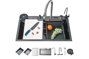 CESINKIN Evier Cuisine Evier Multifonction avec Haute Pression Bec Extractible et eau Pure Inox Rince Verr Automatique 1 Bac avec Egouttoir 75 * 45 * 22cm