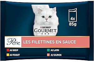 GOURMET PERLE | Adulte Chat | Les Filettines En Sauce | Bœuf, Poulet, Lapin, Saumon | 4 x 85 g | Lot de 12| Sachet fraicheur