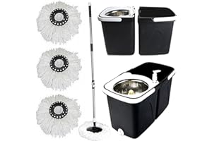 Gr8 Home Black Space Saving 360° Dual Duo Floor Spin Mop Dispenser Bucket Set Spinning Rotating with 3 Cleaning Dry Heads