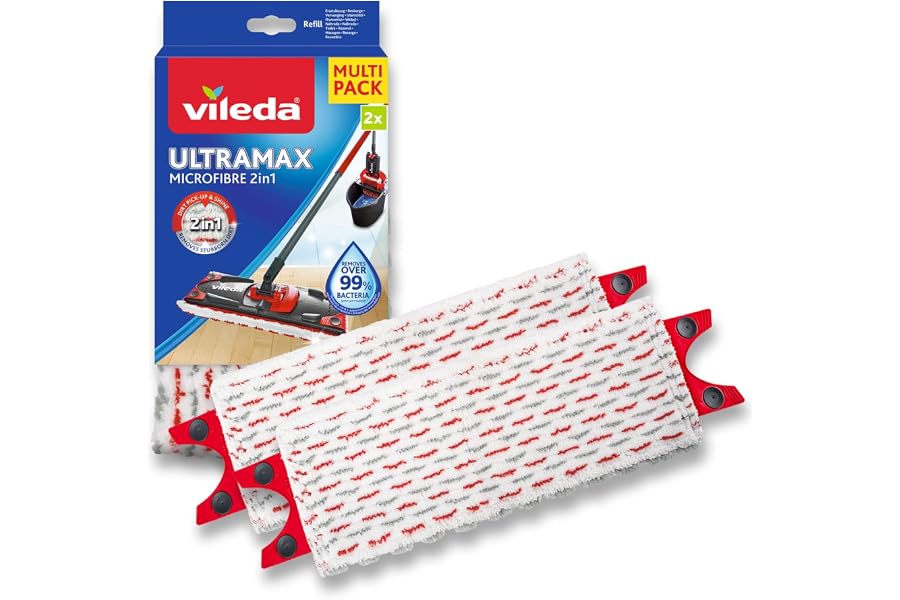 Vileda Ultramax Power Ersatzbezüge Doppelpack, Mikrofaser, 2 Stück | Für alle Hartböden | Parkett, Laminat & Fliesen | Waschbar bei 60°C | 85% Polyester, 15% Polyamide | Entfernt >99% Bakterien