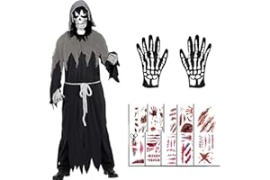 BINXWA Halloween kostüm,Skelett zombie kostüm Gesichtsmaske Handschuhen halloween kostüm herren horror unisex,mit 10 halloween tattoo gesicht
