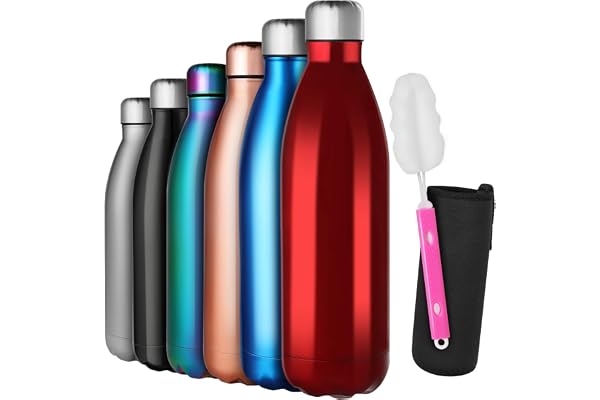 GeeRic Gourde Isotherme 1L, Gourde Inox Isotherme à Double Paroi Isolée sous Vide 12 Heures Chaudes et 24 Heures Boissons Froides Bouteilles Rouge