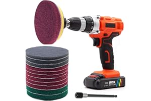GOH DODD Power Scrub Pads Drill Attachment, 15 Pieces 5 Inch Cleaning Kit Scouring Pads with Baker and Universal Shaft Great for Kitchen, Bathroom, Auto, Grout, Carpet, Shower, Tub, Grill,Tile