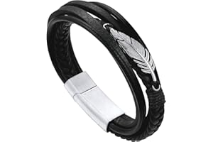 Bandmax Black Leather Bracelet for Men Feather Multilayer Bracelets Stainless Steel Chain Rope Bracelets Mens Cuff Bracelets with Magnetic Buckle
