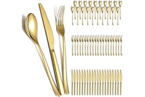 Berglander Ensemble de couverts de mariage en or 60pcs pour 20, couverts en acier inoxydable plaqué titane, couteaux de fourchettes de cuillères d’or pour la maison, mariage, restaurant