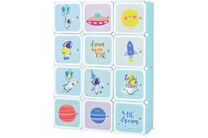 GYMAX Cartoon Clothes Closet, Portable Kids Wardrobe with Hanging Section, Children Storage Unit for Bedroom Nursery (Blue, 12 Cubes Space: 110 x 35 x 144cm)