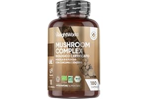 WEIGHTWORLD Miscela Funghi Bio, in 180 Capsule Vegane, 3 Mesi di Scorta, Mushroom Complex con Lions Mane Mushroom, Cordyceps Sinensis, Ganoderma Lucidum Reishi, Maitake, Chaga, Funghi Shiitake, Curcuma e Zenzero