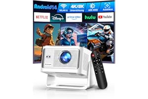 Alwtniet Proyector Portatil 4K 8K, Native Full HD 1080P Mini Projetor Android 14, WiFi 6 Bluetooth 5.4, Autoenfoque 6D Auto Keystone 180° Rotación para Cine Móvil en Casa Smart TV Tiro Ultra Corto