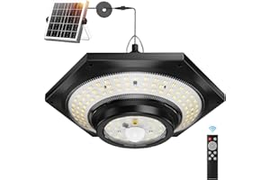 FabStyl Lampada solare per interni ed esterni, 4000 lm, aggiornamento 228 LED, luce a sospensione solare, luce di marcia diurna, con telecomando a 3 colori, sensori di movimento per gazebo, capannone
