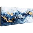 Wooden Framed Canvas Wall Art Golden Navy Blue Sea Wave Painting on Canvas Prints Poster Abstract Ocean Watercolour Pictures for Living Room Bedroom Home Office Wall Decoration 50x120cm/20x48 inch