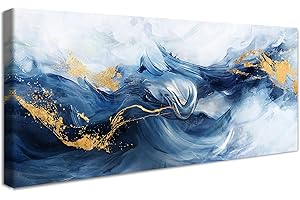 HALFLEMART Onda Marina Blu Navy Dorato Stampa su Tela Con Cornice Acquerello Astratto Dell'oceano Pittura Quadri su tela Quadri Moderni Poster da Parete Decorazioni da Parete Soggiorno Camera da Letto 50x120cm