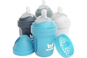 Herobility Double Anti-Colic Baby Bottles - 5 fl oz / 140 ml - Pack of 4 - BPA-Free - Multicoloured - White, Grey, Iron Blue, Blue