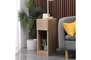 SANERY Slim Bedside Table Bedroom Nightstand with Open Shelf & Drawer, Narrow End Table Sofa Side Table for Living Room, Compact Wooden Lamp Table Telephone Table for Home Office, Walnut