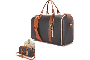 SESEBEE Convertible Garment Duffel Bag for Travel, Large PU Leather Duffle Bag for Men Women,Waterproof Garment Bags for Travel with Built-In Shoe Pocket, 3 in 1 Hanging Suitcase Suit Travel Bags, Black&Brown
