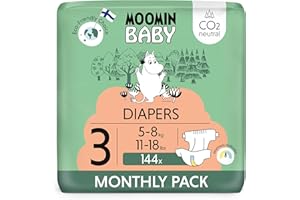 DELIPAP Pañales Moomin Baby Eco Talla 3 Paquete mensual, 5-8 kg, 144 pañales premium con barrera antifugas | suaves y agradables para la piel, sin productos químicos innecesarios