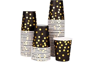 Fanshiontide Lot de 60 gobelets jetables en papier - 250 ml - Gobelets de fête à pois dorés - Pour enfants, bricolage, fournitures de fête, thé, boissons chaudes et froides (noir)