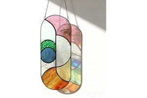 Karhuimoyi Geometric Design Style Suncatchers Stained Glass Window Panel,Beautiful Fairshaped Tiffany Style Stained Glass Window Hanging with Chain (Flowing color)