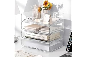 M MAYJAZZ Clear Stackable Paper Trays 4 Pack, Desktop Racks, PET Clear Desk Letter Tray Set, Stackable Desk Organizer for Books, Magazines, Folders, A4 Size File Paper, Notes, Pens