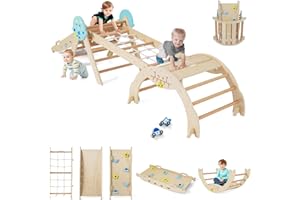 GOPLUS 9 en 1 Triangle Escalade Montesorri pour Enfants 1 Ans+, Parcours Montesorri Bebe Bois Pliable avec Arche, Rampe, Corde&Échelle, Pont, Aire de Jeux Intérieur (Astre|9 en 1,Naturel)