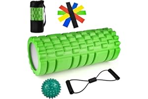 TURIUEBA Rullo Pilates Kit 9 in 1 Foam Roller Massaggio Muscolare con Pallina Massaggio Piedi Schiena Yoga Palestra Stretching Roll Tubo Fitness Massaggiatore Cilindro Fisioterapia Schiuma Muscle 33x14cm Verde
