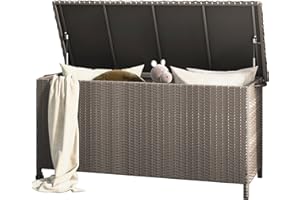Grand patio Coffres de Rangement 480 L, Resine Tressee Boîte à Coussins avec Poignées et Roues, Déplacer Facilement, Caisse de Stockage pour Exterieur, Jardin (Brun Clair)