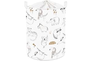 Clastyle 45L Ceste Biancheria Schizzo Elefante Procione Cestino Portaoggetti Giocattoli Leopardo Zebra Bianco Tondo Pieghevole per Camera dei Bambini, 36x45 cm