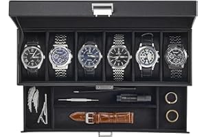 ProCase Caja para 6 Relojes, Estuche Organizador de Doble Capa con Superior Transparente Portarelojes Profesional -Café