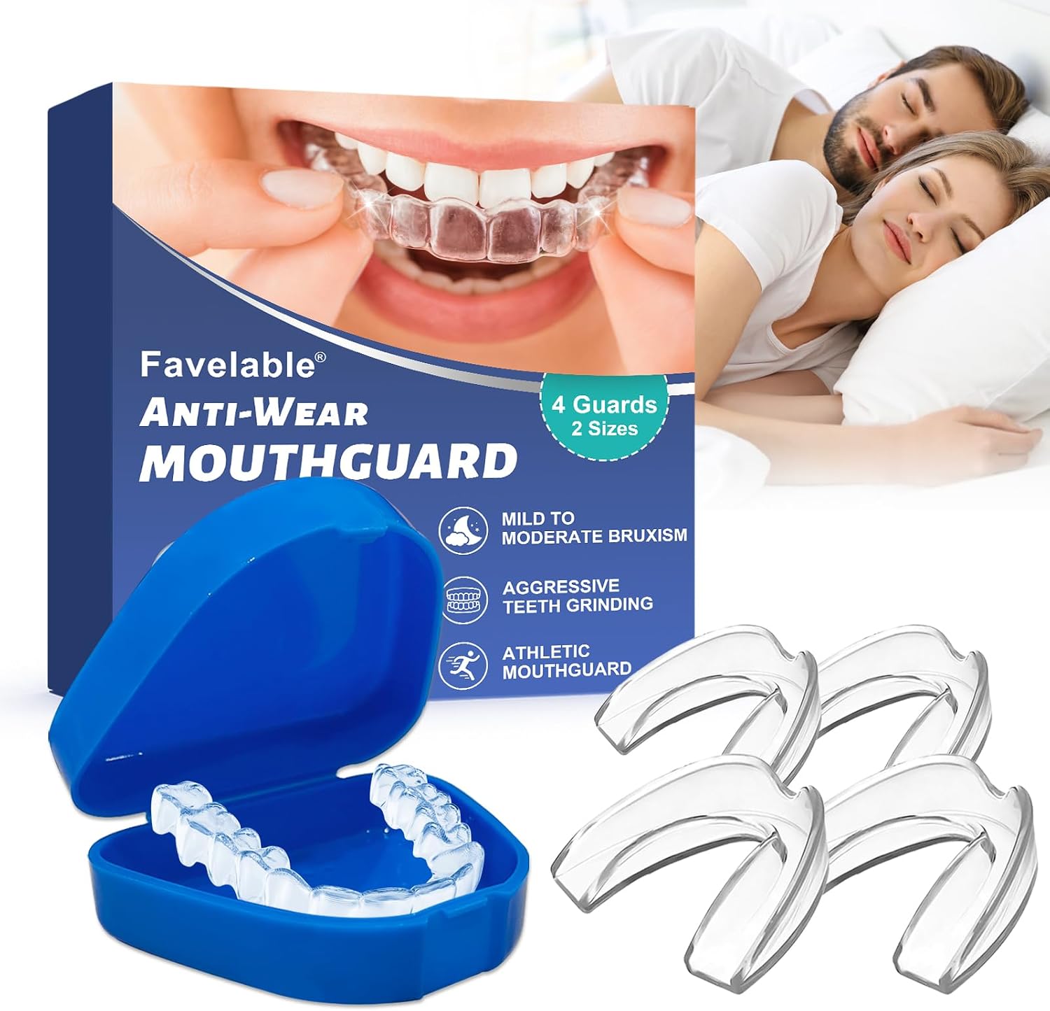 4 Piezas Férula Dental, Protector Bucal Nocturno, Protector Bucal para el Bruxismo, 2 Tamaños Incluidos, Mejorar la calidad del sueño, Fácil de usar, Adecuado Para hombres y mujeres