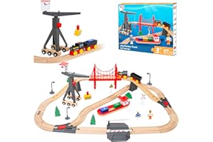 LZDMY Holzeisenbahn Set Zug Kinder, 57 Stück Elektrische Eisenbahn aus Holz Kompatibel mit Brio- Holzschienen, Holzzug Spielzeug für 3 4 5 6 Jahre alt Spielzeugeisenbahn Geschenk für Junge & Mädchen