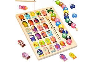 ATOYLINK 2 in 1 Magnetic Wooden Fishing Game Threading Toy, Alphabet Fish Catching & Counting Game Puzzle with Numbers Letters, Fine Motor Skills Montessori Educational Toy Gift for Kids Boys Girls 2 3 4 Year