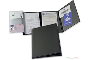 Pubblimania Portadocumenti Auto Moto, chiusura a 3 ante + portacard, Made in Italy. Per libretto, card, assicurazione, bollo o documenti da viaggio (Nero)