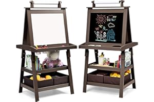 GYMAX Cavalletto per Bambini 3 in 1, Lavagna Magnetica con Doppia Faccia,2 Vassoi e 2 Scatole, Cavalletto per Dipingere, Inclusi Carta per Dipingere e Magneti, 59 x 50 x 117 cm (Caffè)
