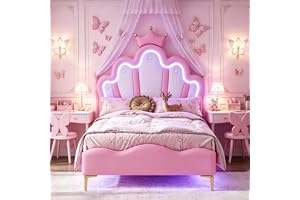 Vadderad barnsäng 90 x 200 cm, enkelsäng med LED-ram, barnsäng med ribbotten, ungdomssäng med höjdjusterbar LED-sänggavel och