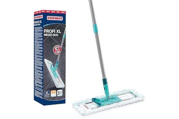 Leifheit Lave-Sol Profi XL Micro Duo Manche Acier, balai microfibre avec housse lavable et manche de 146 cm, balai à plat, accessoire ménage pour sols carrelés et stratifiés, tête 360 degrés