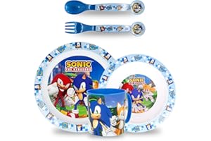 Sorrisini Zestaw naczyń dla dzieci, Zastawa stołowa wielokrotnego użytku, Zestaw posiłków dla niemowląt z talerzem, miska na płatki śniadaniowe, Kubek, Nietłukące się płyty z plastiku, Sonic