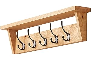 Fox and Grain Solid Oak Coat Rack (5 Hooks) | Wall Mounted Coat Hooks with Shelf for Display/Storage | Wooden Stylish & Versatile Hallway Decor | Heavy Duty Double Hooks | Handcrafted in The UK