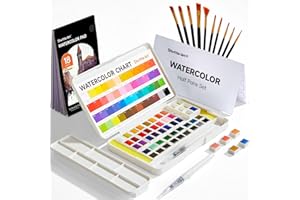 Shuttle Art Watercolour Paint Set, 48 colours Watercolour Paint in Half Pan, 2 Water Brush Pens, 10 Brushes, 1 Pad, 1 Palette, 2 colour Charts, Watercolour Kit for Kids, Adults, Artists