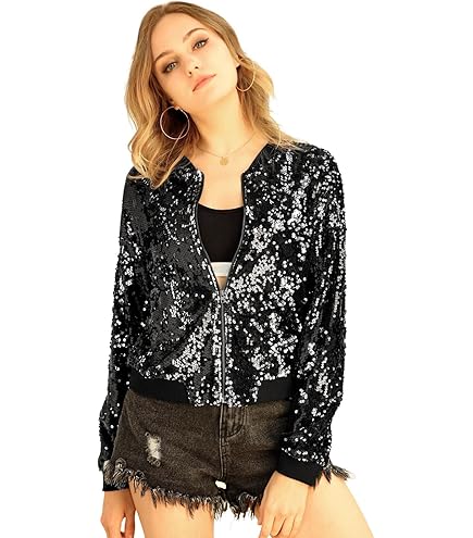 Felcia Damesjas met ritssluiting, casual, glanzende pailletten, lichte jas, lange mouwen, cardigan, feestkostuum, A-goud, M