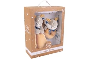 DODO D'AMOUR - Coffret Doudou Carré et Hochet - Biche - 027192 - Moutarde - Polaire - Naissance - Peluche - Bébé - 29 cm x 22 cm - À Partir de 0 mois