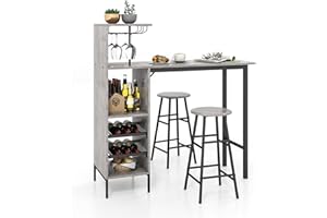 COSTWAY Stół barowy z taboretem barowym, zestaw 2 osób, stół barowy z uchwytami na kieliszki do wina i butelki, blat kuchenny do salonu, jadalni i kuchni (szary)