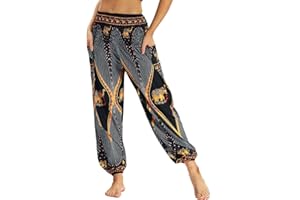 Nuofengkudu Femme Harem Pantalon Yoga Sarouel Legers Hippie Baggy Léger Ethnique Calqué Smockée Taille Haute avec Poches Été Plage