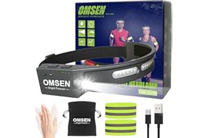 OMSEN Lampe Frontale Rechargeable avec Lumière Rouge, Éclairage Grand Angle à 270°, IPX6 Étanche, 3 oz Torche Frontale Ultralégère Pour la course de nuit, la pêche de nuit, le camping, les réparations