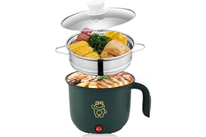 PORFOYO Padella elettrica, Mini Elettrico Hot Pot, 1.8 Litre Elettrico Hot Pot, Portatile Antiaderente MultiCooker, Pentola Portatile Veloce, Pentola Elettrica Per Casa Office Dorm+Piroscafo